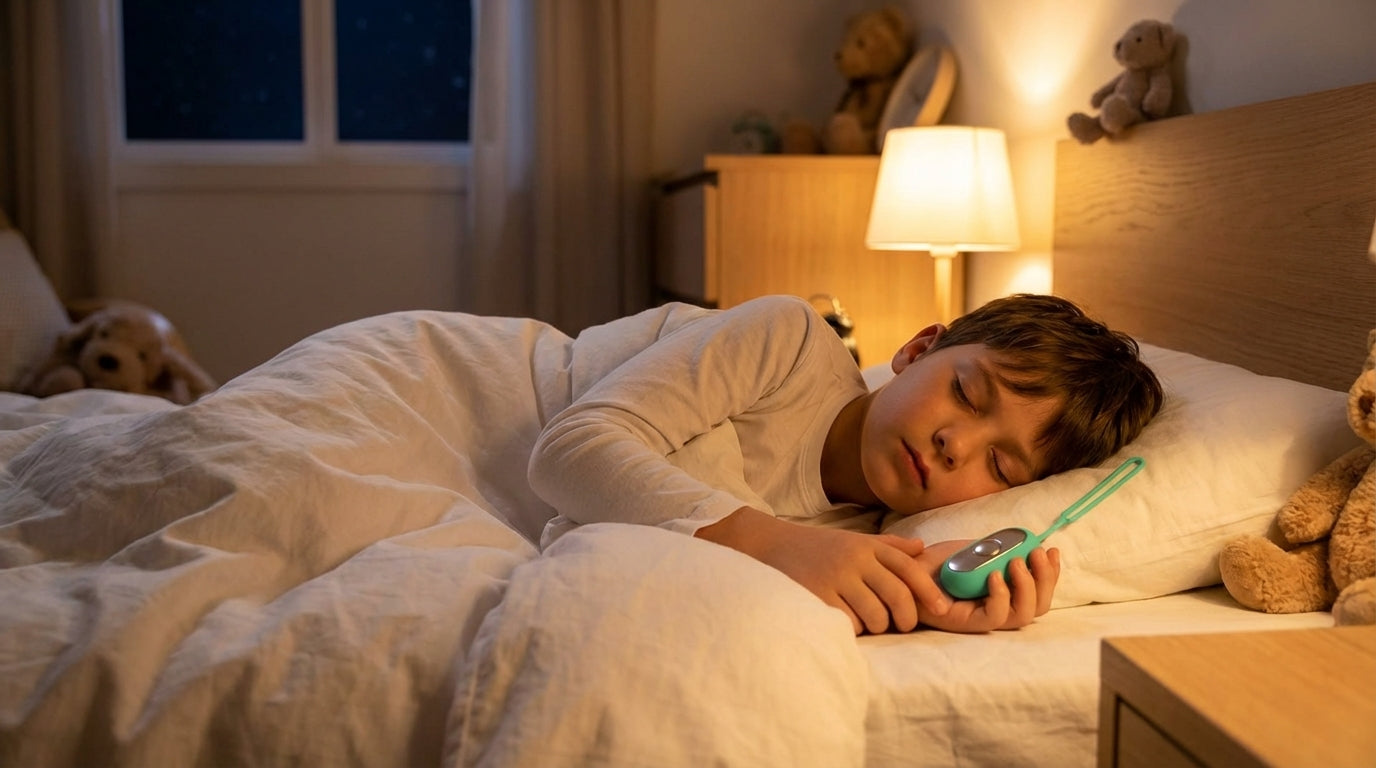Mutter und Sohn abends entspannt auf dem Bett, Kind hält den RuheStein